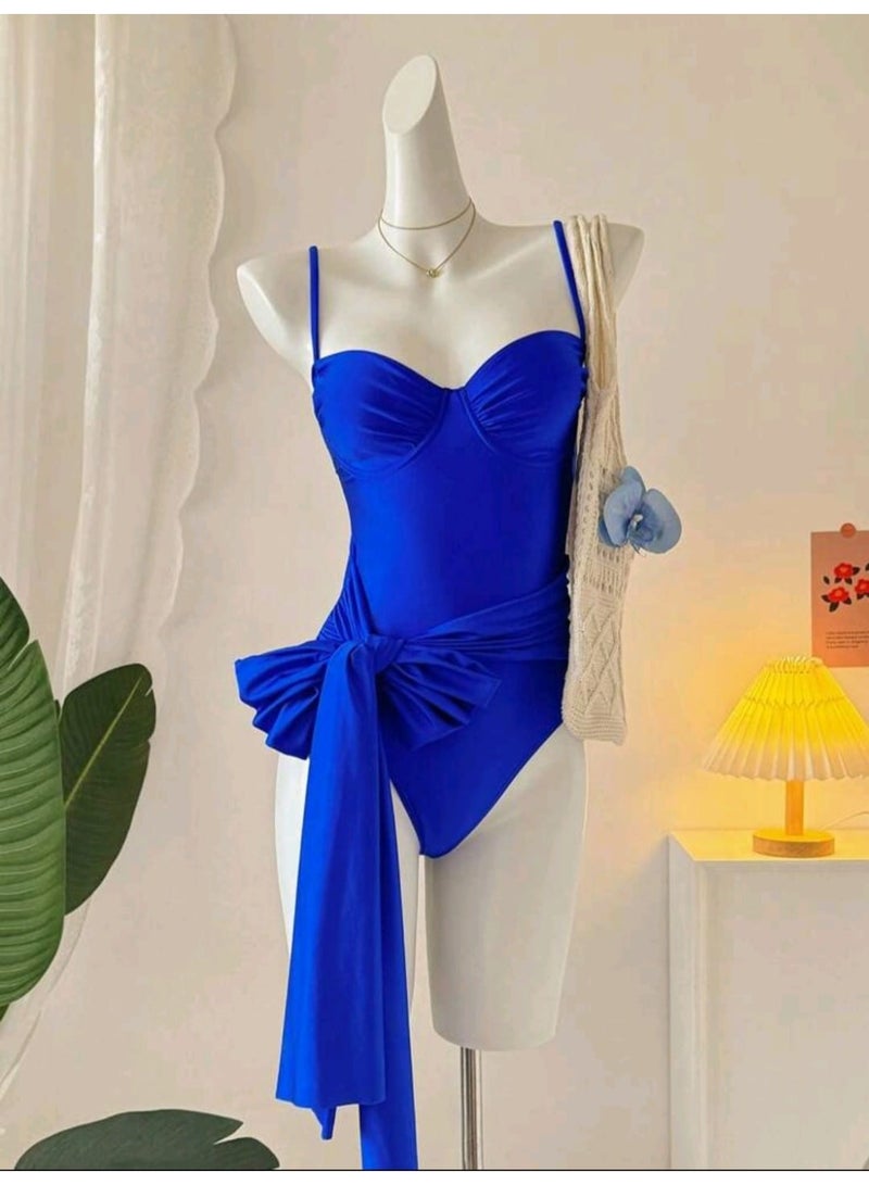SHEIN Woman One-Piece Solid Color Steel Rim Push-Up Adjustable Spaghetti Strap Ruched Waist Belt Decor Swimsuit, Beach Vacation Swimwear - Image 4